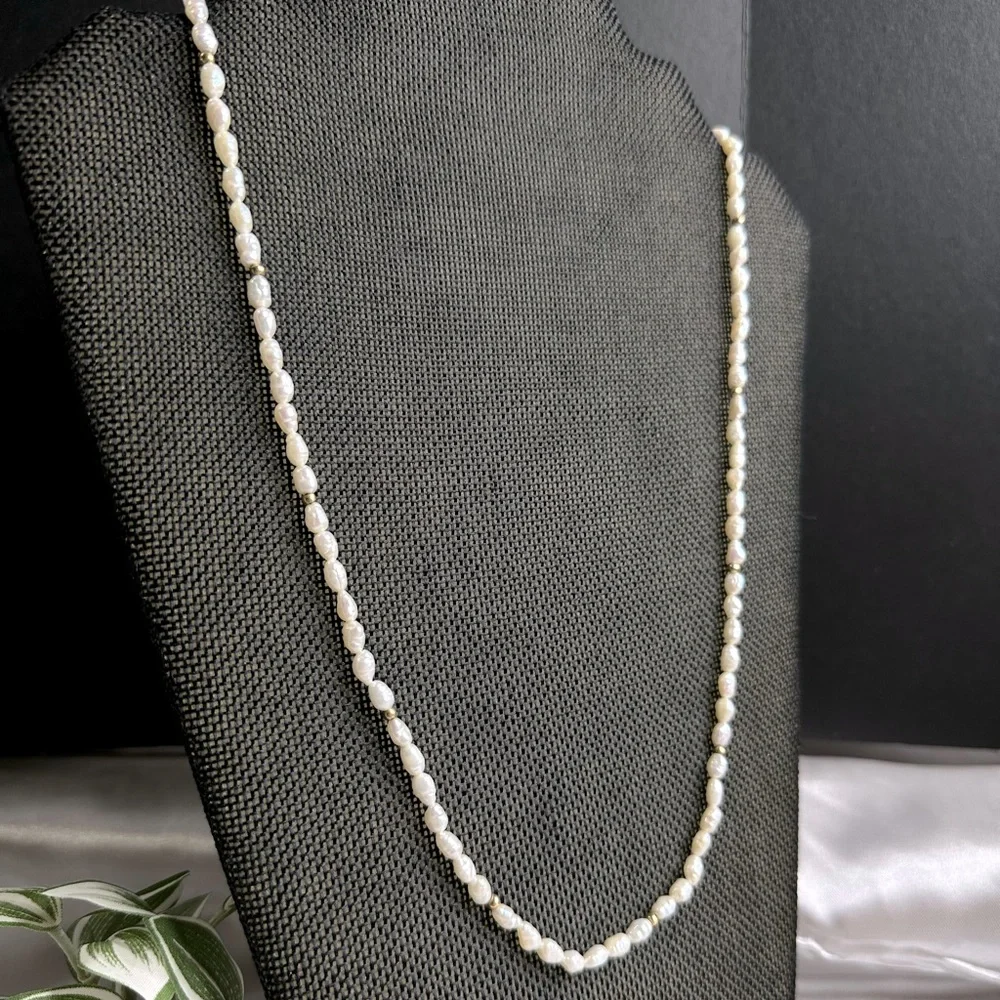 Vintage 14k Gold Authentic Rice Pearl Strand & 14k Spacers Estate Necklace - Picture 2 of 8